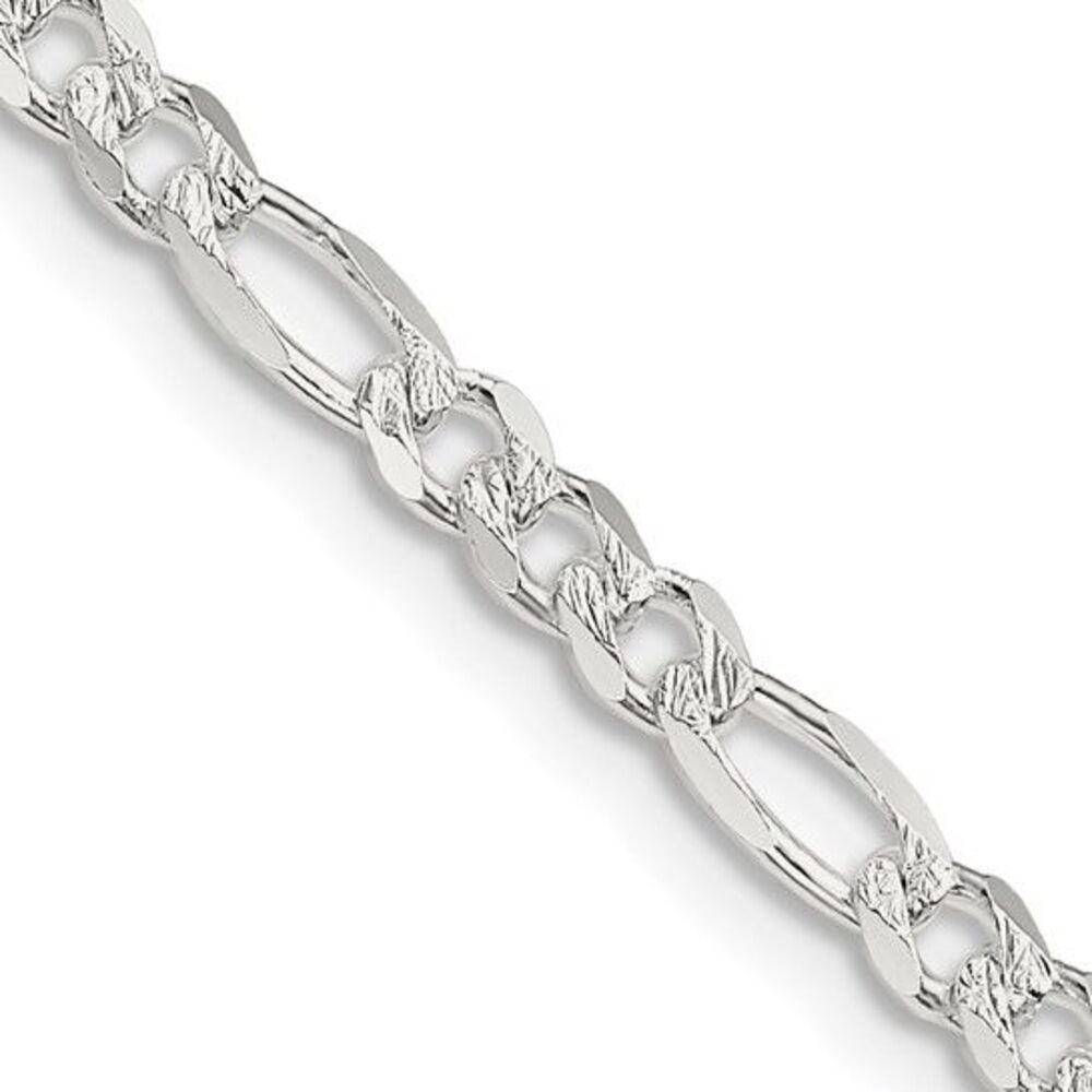 4mm, Sterling Silver, Pave Flat Figaro Chain Necklace, 18 Inch